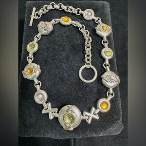 NOS/ Vtg Matt Silver Toned X & O Cabochon Statement Collar necklace